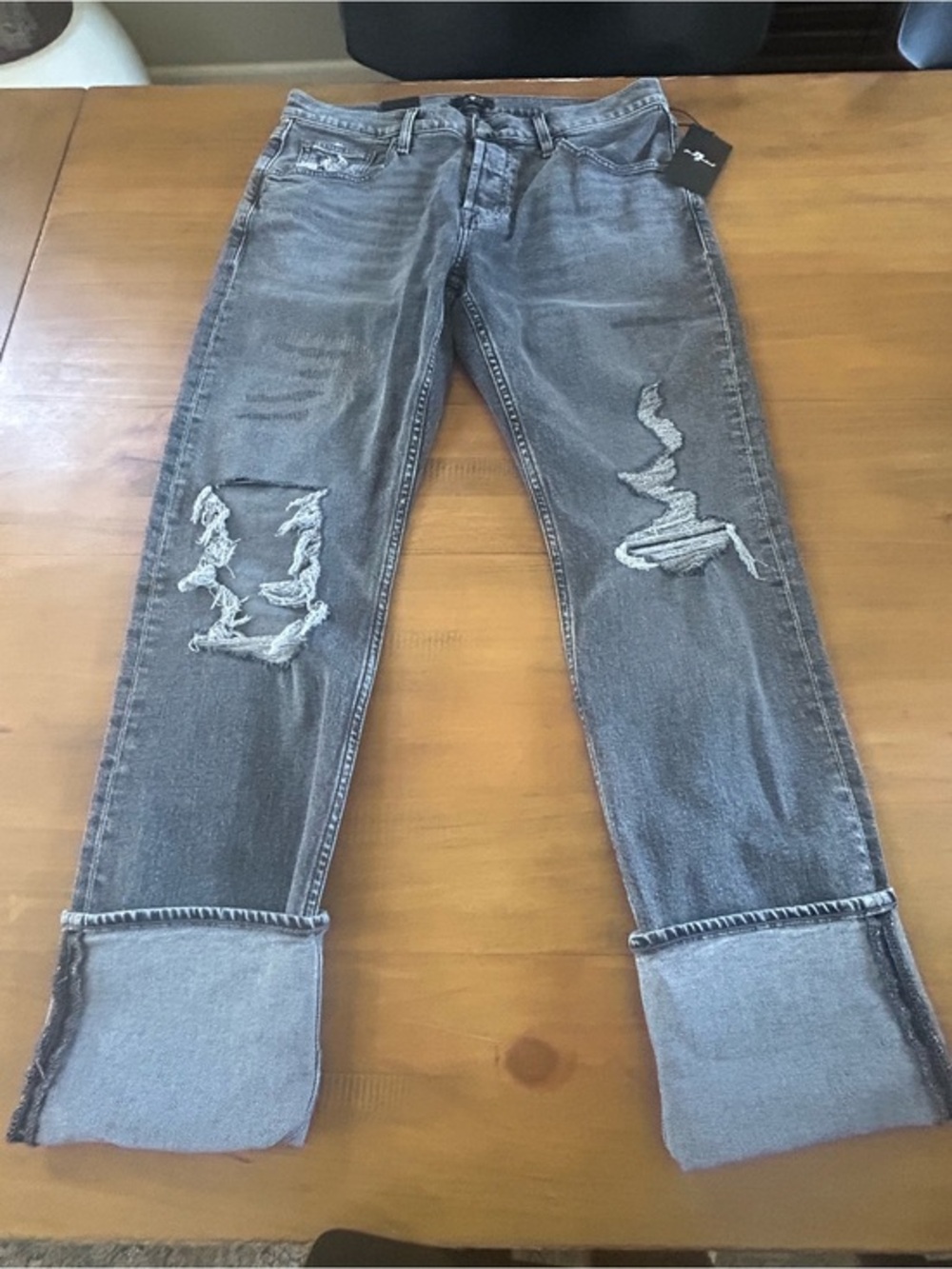 NWT 7For All Mankind Gray Distressed Straight Cuffed Jeans